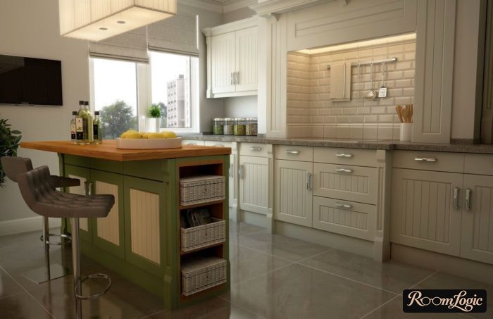 White bricks on the kitchen backsplash in a Provence style