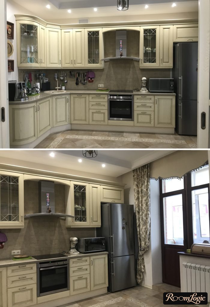 white classic kitchen with balcony