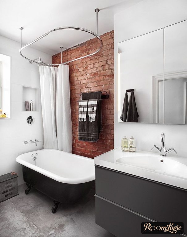 white color and bricks in the bathroom in loft style
