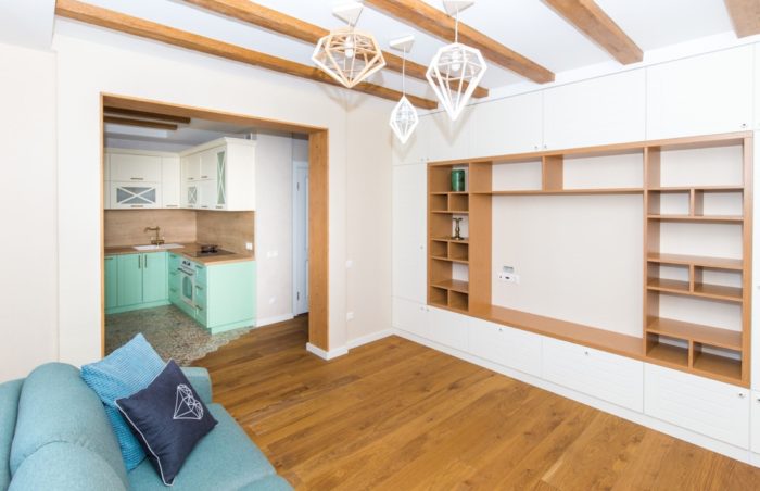 white color and wood in the living room interior