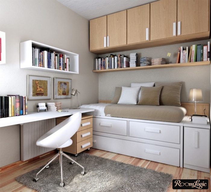 white color and wood in the young man's room
