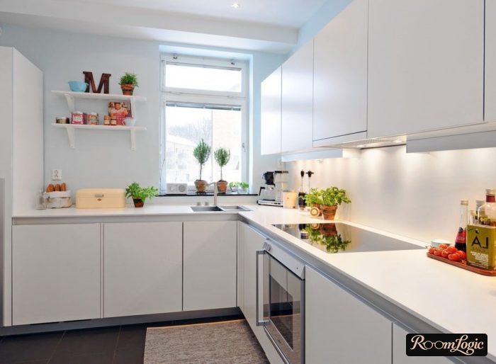 White corner kitchen in minimalist style with open shelves on one side