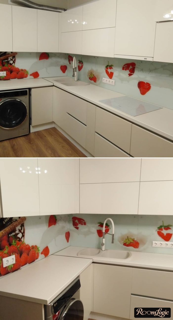 White glossy corner kitchen with a washer