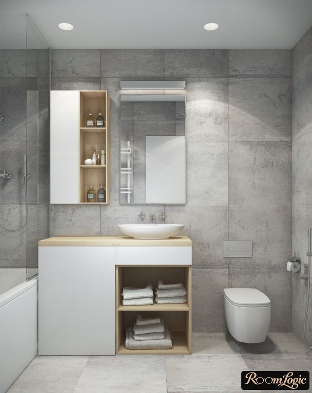 white, gray and wood combination in loft bathroom