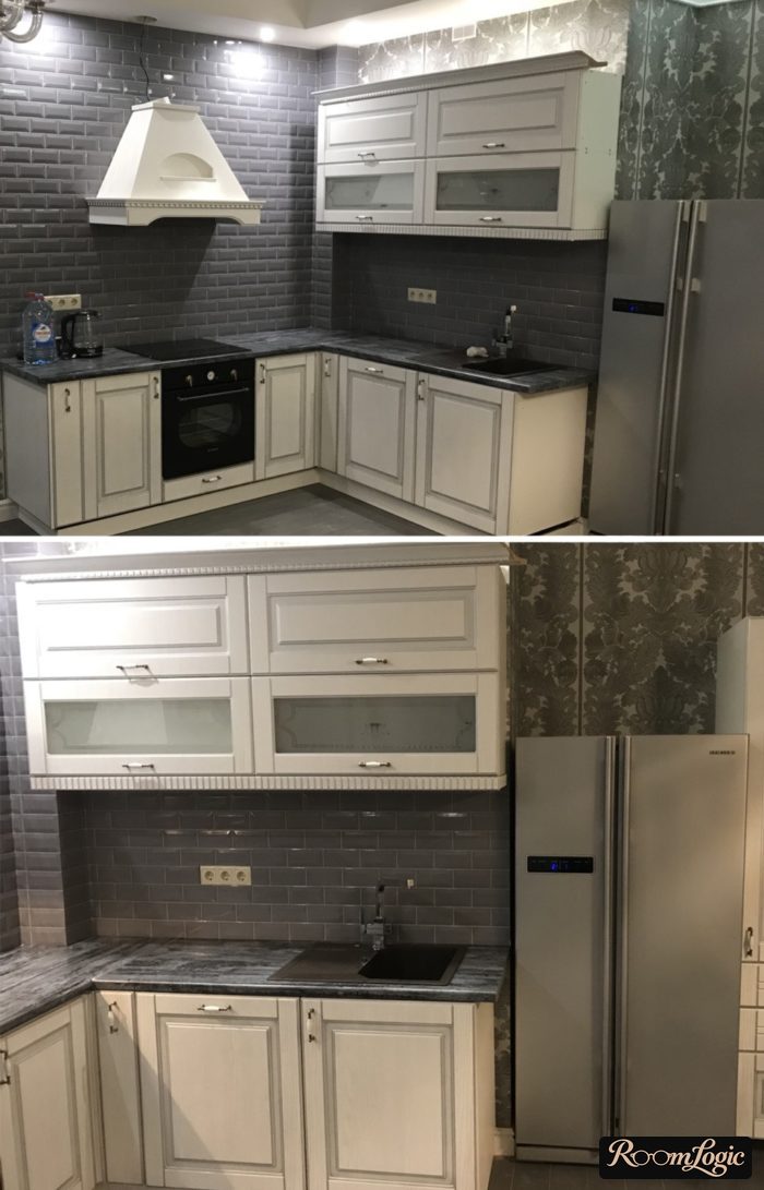 White kitchen in neoclassical style with black decorative stone