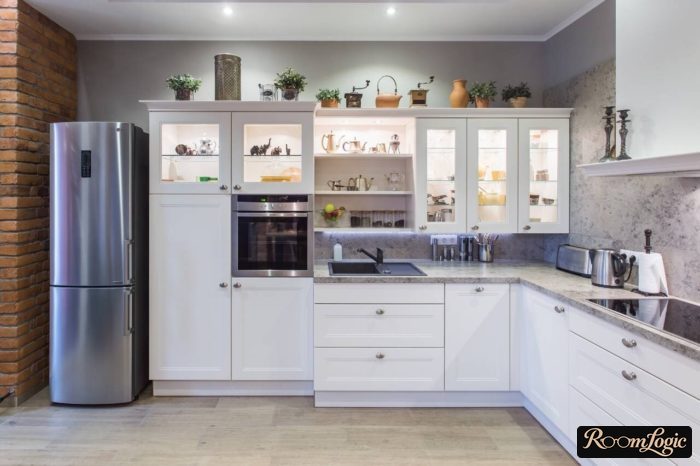 White kitchen in neoclassical style with loft elements