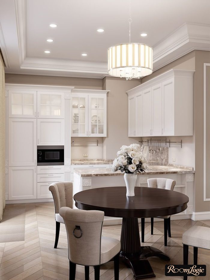 White kitchen in neoclassical style with milk-colored walls