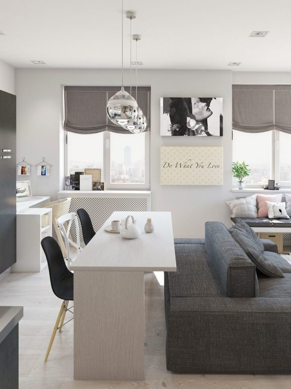 White kitchen-living room