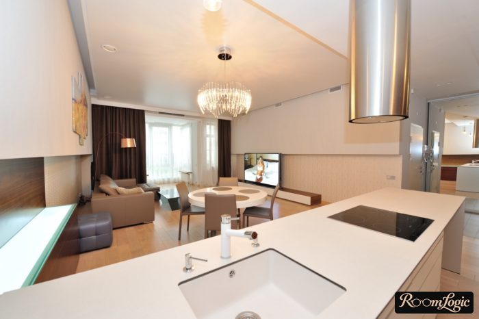 white kitchen-living room in high-tech style