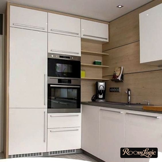 white kitchen wall with wooden panels