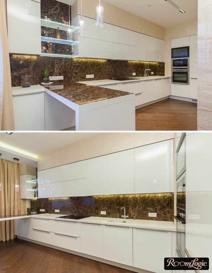White kitchen with beige floor-to-ceiling curtains