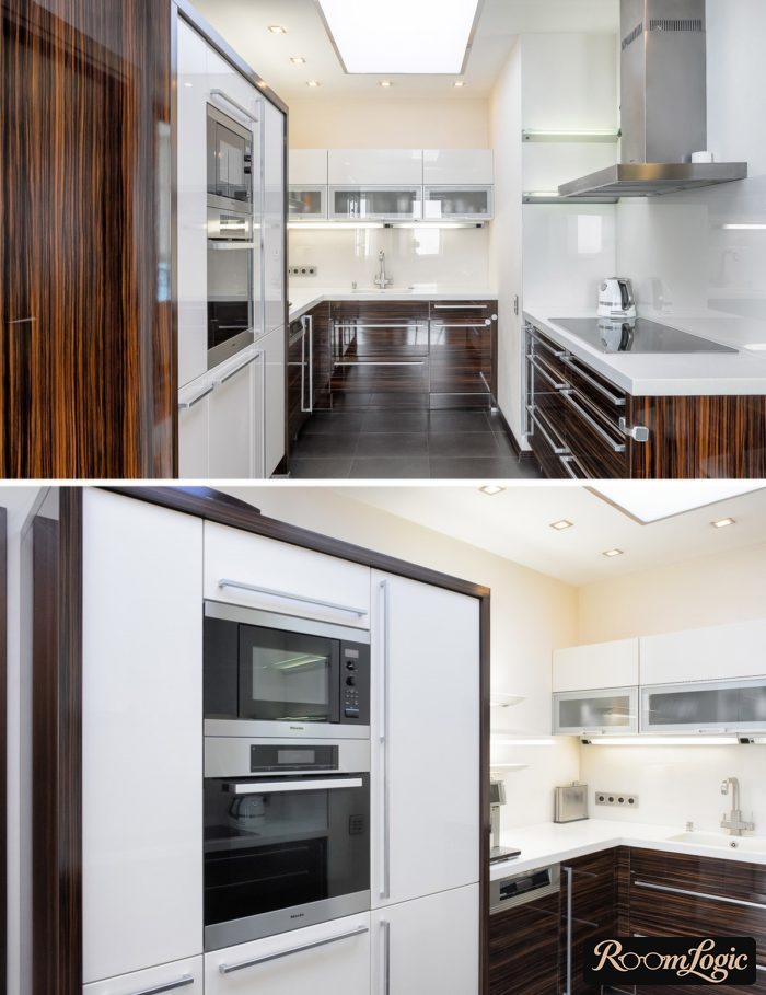White kitchen with red glossy wood