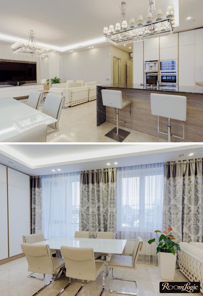 white matte glass table in combined kitchen and living room