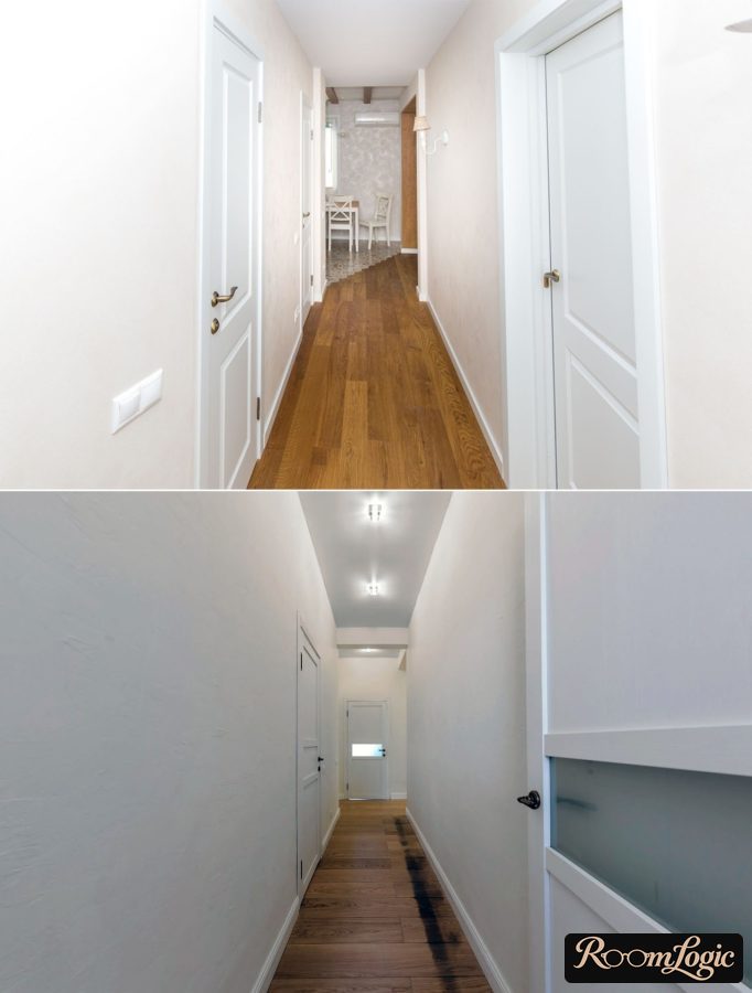 White painted walls and parquet flooring in the hallway entryway design