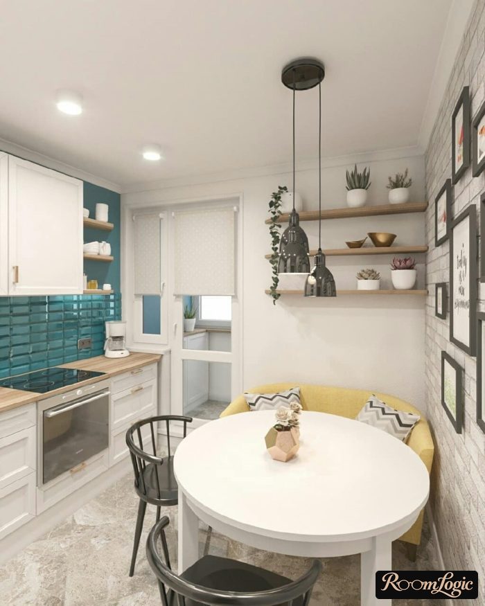 White roller shades in the kitchen with a balcony