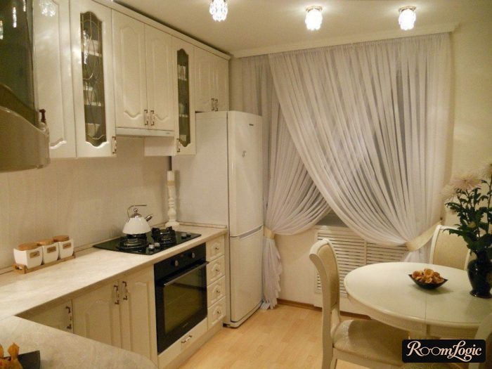 White sheer curtain with drapery on the kitchen