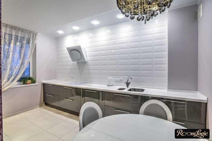White subway tile up to the ceiling instead of upper cabinets in the kitchen