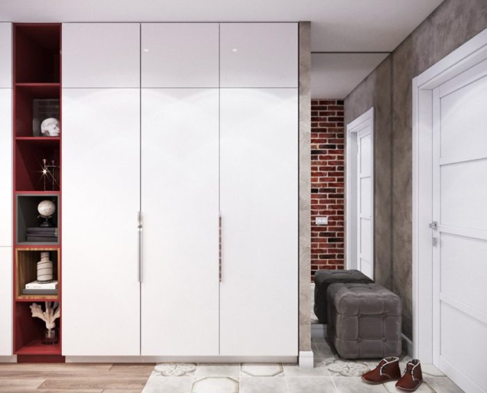 White wardrobe and stool in the entryway