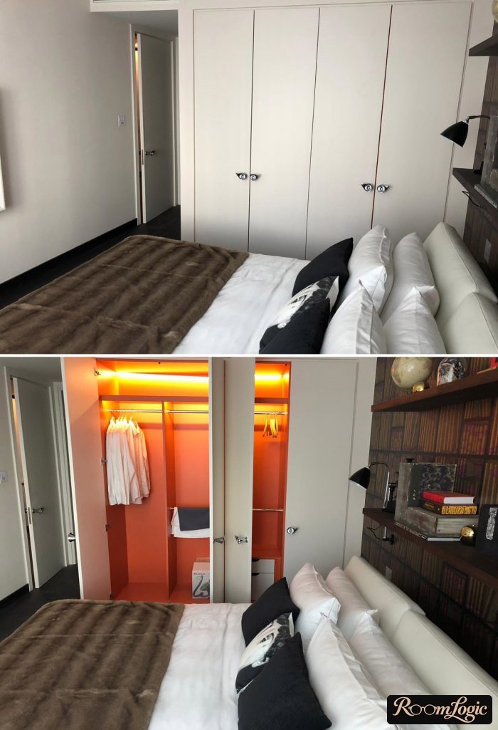white wardrobe at the foot of the bed