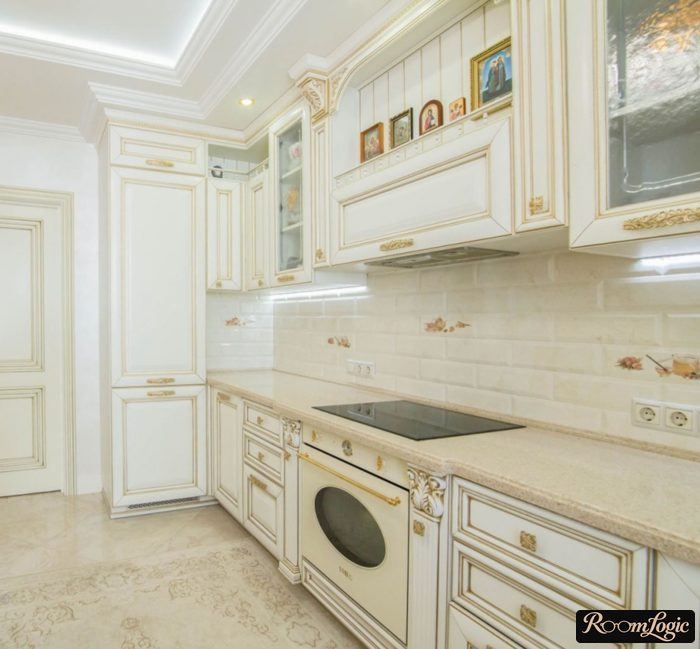 white with gold classical kitchen with solid wood doors