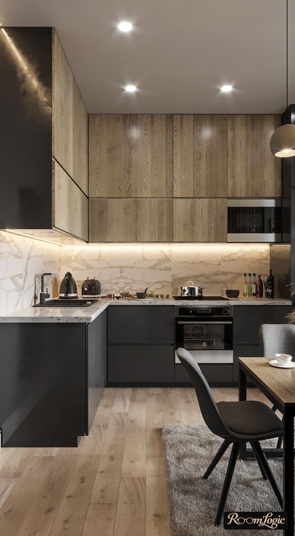 wood in the interior of a gray kitchen