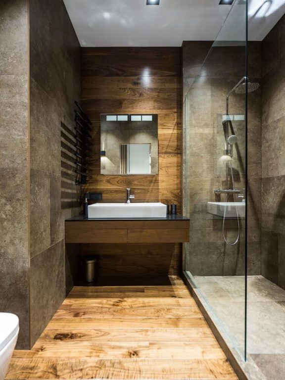 Wood-look and stone-look tile in a loft-style bathroom – design, bathroom