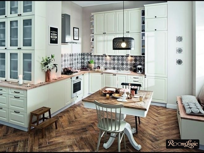 Wood-look tile in herringbone pattern on the kitchen floor in Provence style