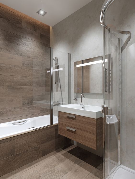 Wood-look tile on the bathroom floor and walls – interior design, bathroom design