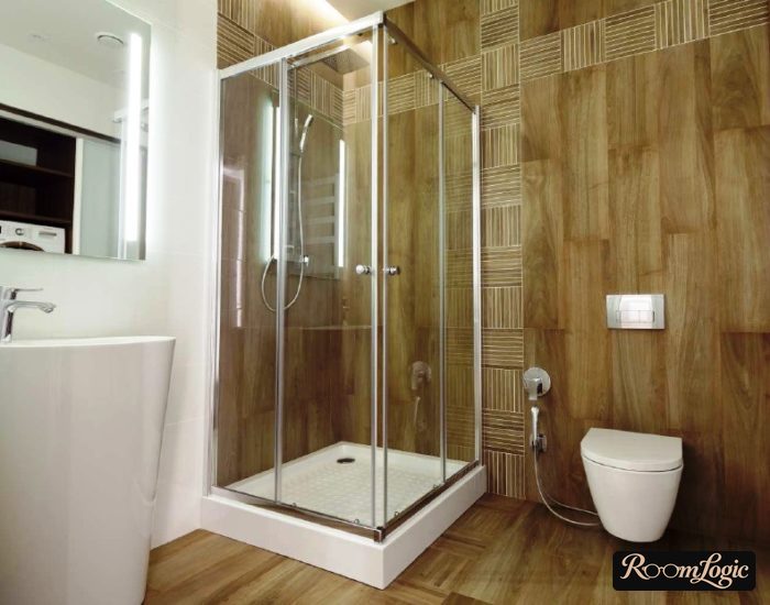 wood-look tile on wall and floor in bathroom