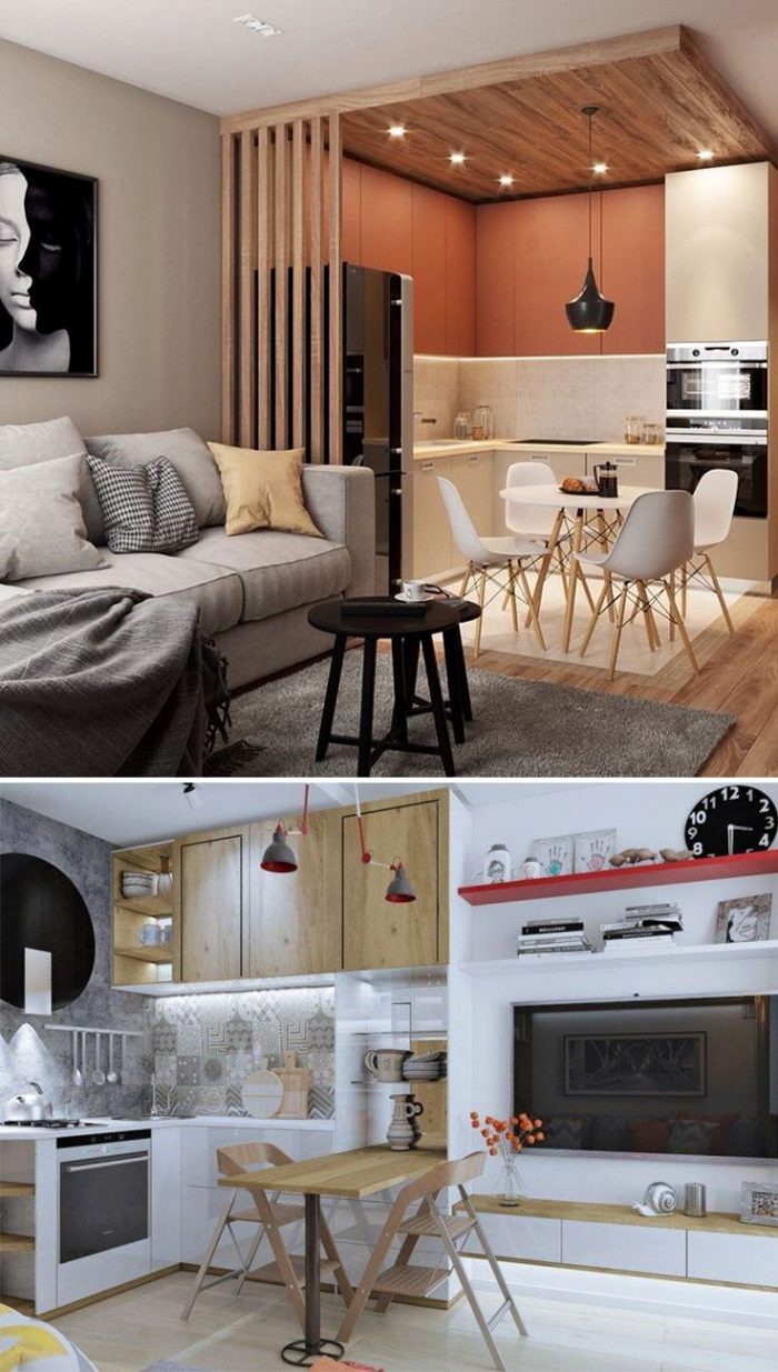 wooden accents in kitchen-living room spaces