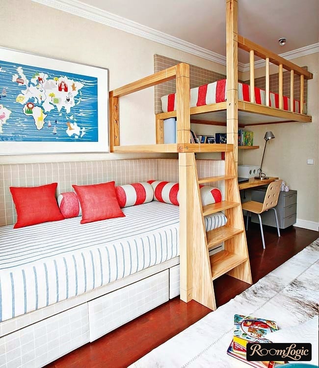 wooden loft bed in Scandinavian kids' room design for boys