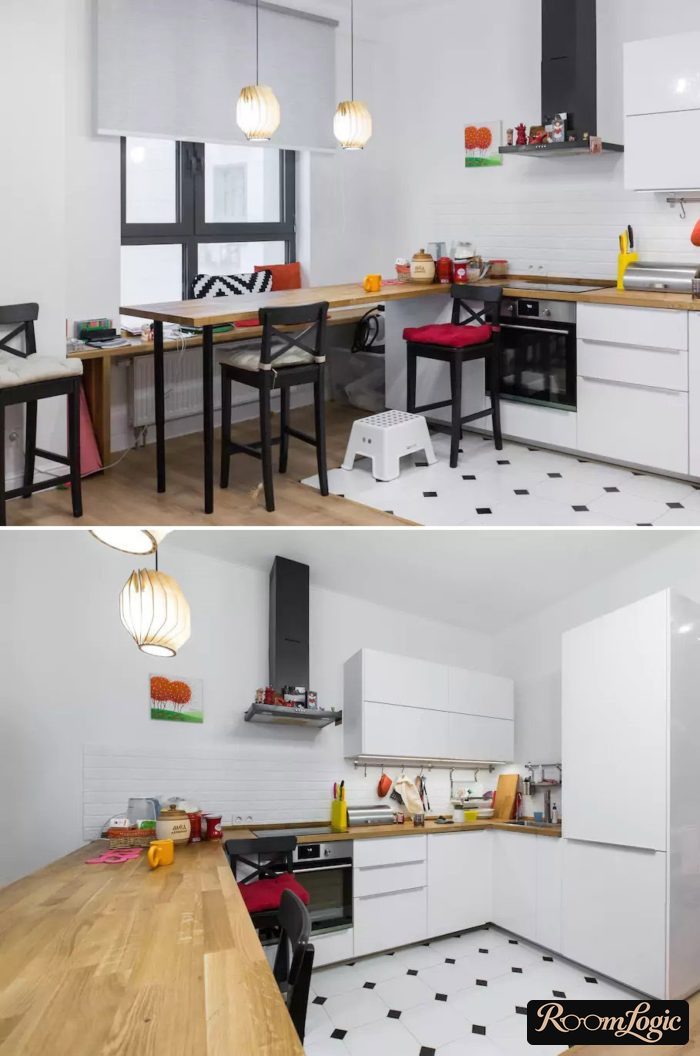 wooden countertop and breakfast bar in white kitchen