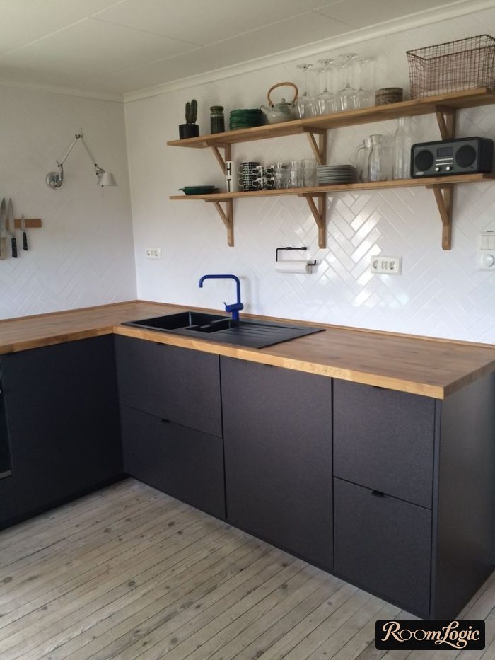 wooden open shelves on the kitchen