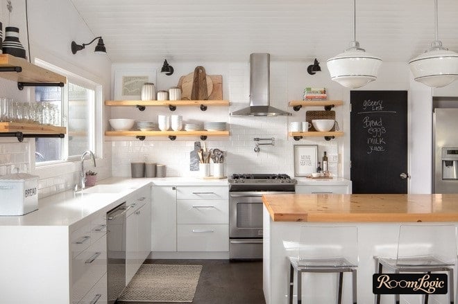 wooden shelves on metal legs in the kitchen