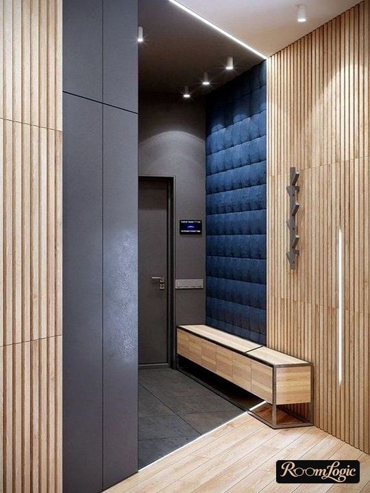 Wooden slats in an apartment entryway interior