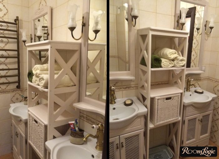 woven baskets for storing items in a classic bathroom