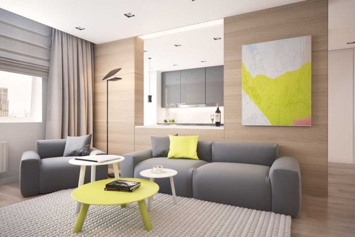 yellow and gray combination in the living room