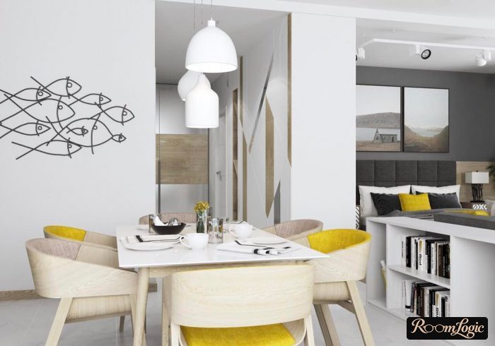 yellow color in the interior of the studio apartment