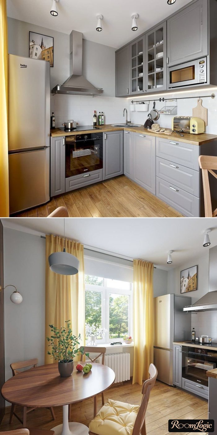 yellow curtains in gray kitchen