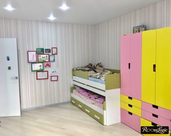 yellow-pink closet for two girls