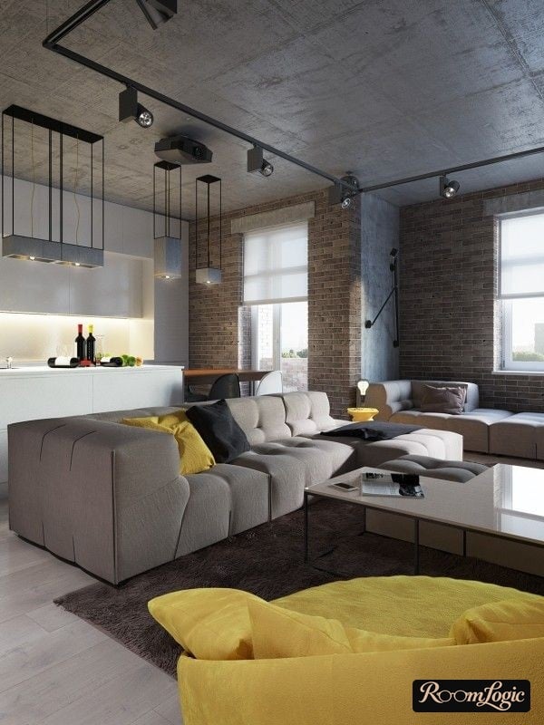 yellow textile in a loft-style kitchen-living room