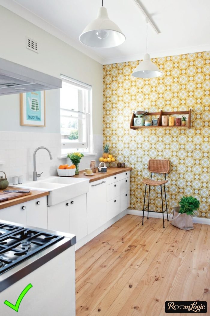 yellow wallpaper with a pattern for a white Scandinavian kitchen